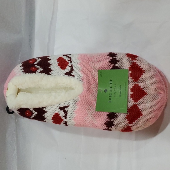 Kate Spade pink red argyle look shearling lined footlet house home socks new OS - Picture 2 of 8